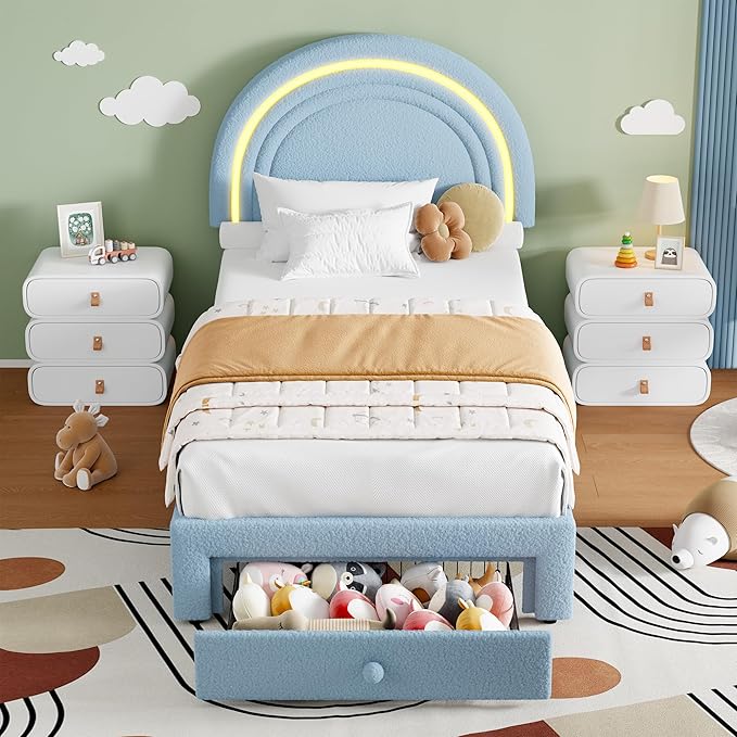 GarveeHome Twin Upholstered LED Bed Frame - with Storage Drawer and Rainbow Headboard, Berber Fleece Princess Platform Bed for Kids, Solid Wood Slats Support, No Box Spring Needed, Easy Assembly, Blue
