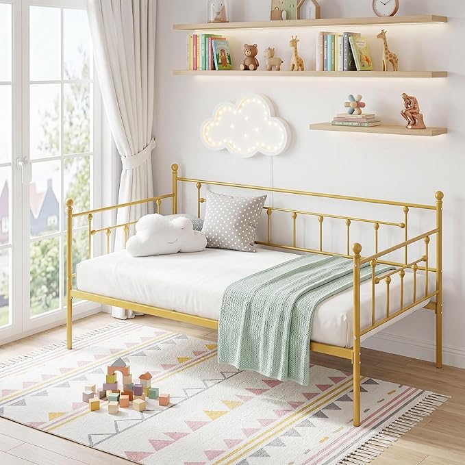 VECELO Daybed Frame, Twin Size Metal Platform Bed with Headboard,Heavy Duty Steel Slats Support for Living Room Bedroom Guest Room, Easy Assembly
