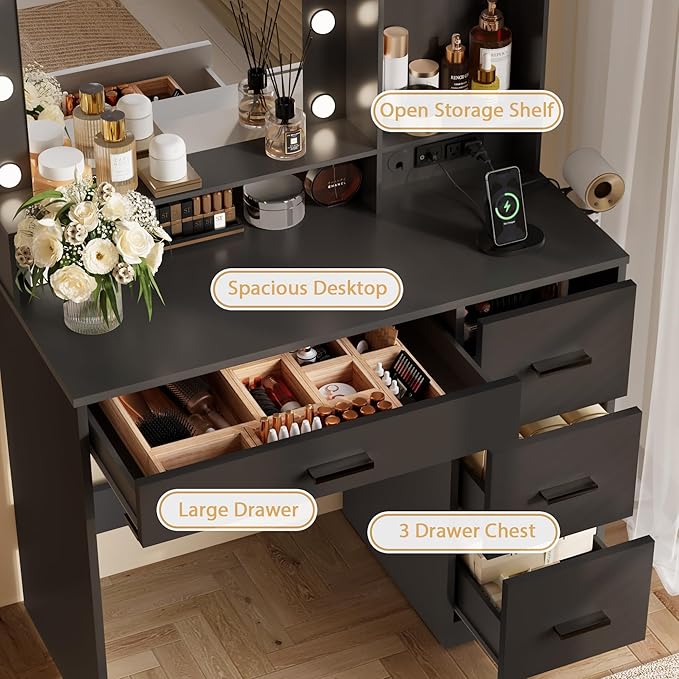 Furmax Vanity Desk with LED Lighted Mirror&Power Outlet, 39.3’’ Makeup Vanity Table with 4 Drawers and 3 Storage Shelves, Adjustable 3 Lighting Colorfor Bedroom&Dressing Room (Black)