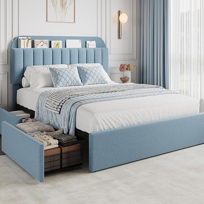 GarveeHome Full Bed Frame with Storage Headboard, Kids Bed Frame with 2 Drawers, Boucle Upholstered Platform Bed with Bookcase, No Box Spring Needed, Easy Assembly, Blue