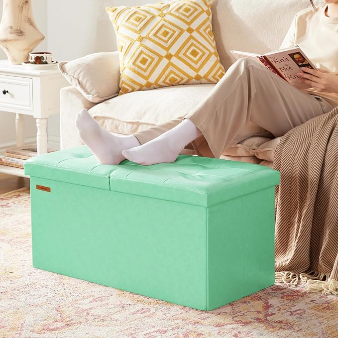 HAUSFRAU - 30 Inches Storage Ottoman Bench with Flipping Lid, Foldable Storage Chest Foot Rest for Living Room, Bedroom, Entryway, Load 660 lb, Synthetic Leather, Teal