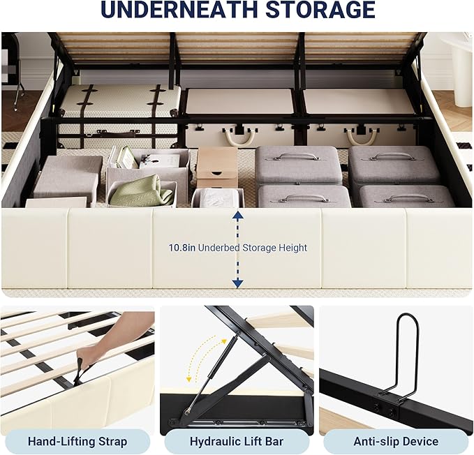 Allewie King Size Velvet Lift Up Storage Bed Frame, Vertical Channel Tufted Headboard, Hydrualic Underneath Storage, Upholstered Platform Bed, Wooden Slats Support, No Box Spring Needed, Cream