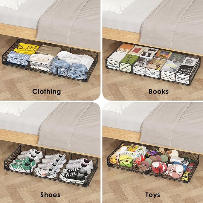 NADAMOO 5.4 in Low Profile Under Bed Storage, 36.6" Ultra Long Metal Underbed Organizer with 6 Smooth Rolling Wheels, 110 lbs Heavy Duty Foldable Under Bed Container for Shoes, Clothes, Toys, 1 Pack