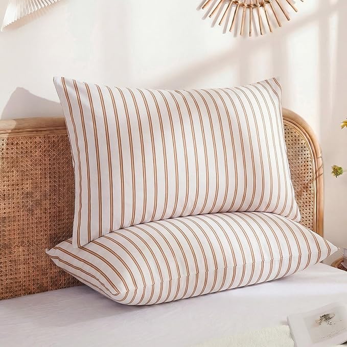 Merryword 100% Cotton Pillow Cases, Standard Size Pillowcases, Beige and Terracotta Striped Pillowcases, Soft Breathable Engineered Stripes Pillow Covers, Set of 2