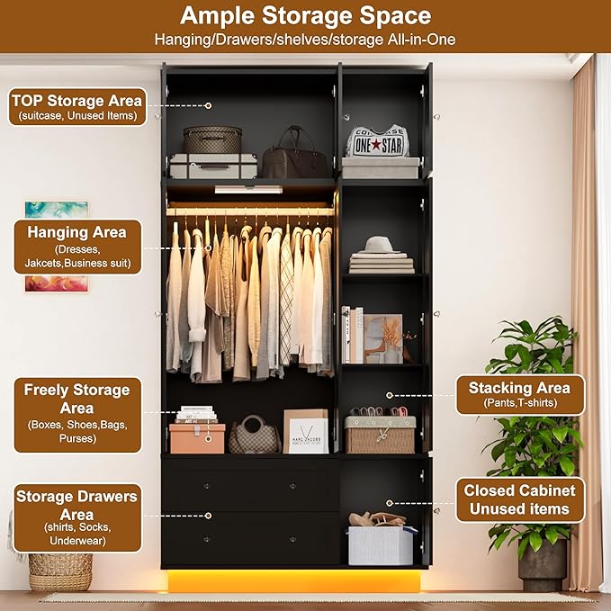 92.2" Tall Armoire Wardrobe Closet with Mirror & Motion Sensor Light, Large Storage Cabinet with 2 Drawers, Hanging Rod & Adjustable LED Strip, Anti-Tipping Wood Bedroom Furniture, 47.4"L, Balck