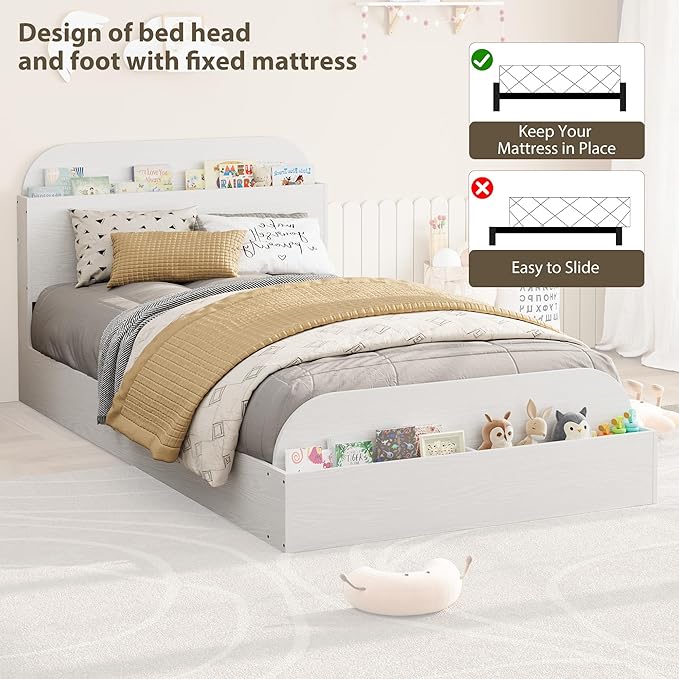 GarveeHome Twin Size Bed Frame, Wooden Beds with Storage Headboard and Raised-Foodboard for Kid, Twin-Floor Low Platform Bed for Bedroom, Sturdy Wooden Slats Support, No Box Spring Needed, White