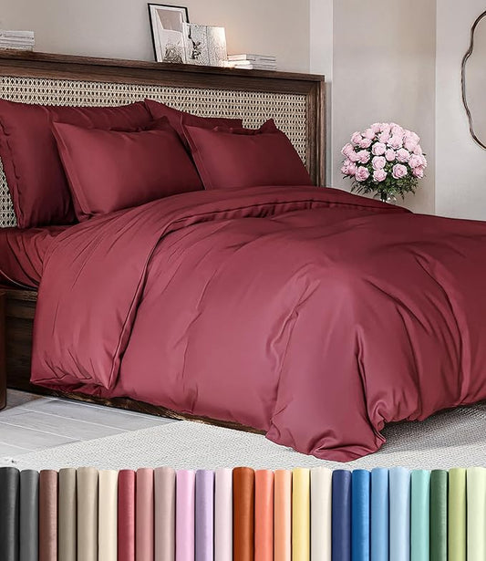 Duvet Cover Cal King Size Set - Extra Soft Cal King Duvet Cover 104" x 98" with 2 Pillow Shams - Hotel Luxury, Easy Care & Fade Free with Zipper Closures & Ties - Comfy, Cozy & Breathable (Burgundy)