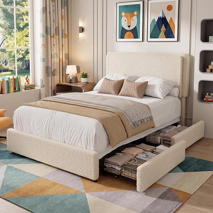 Garvee Twin Size Teddy Fleece Bed Frame, Upholstered Platform Bed with 2 Storage Drawers, Height Adjustable Headboard, Thick Soft Teddy Fabric Bed for Kids Teens, No Box Spring Required, Cream, 1PCS