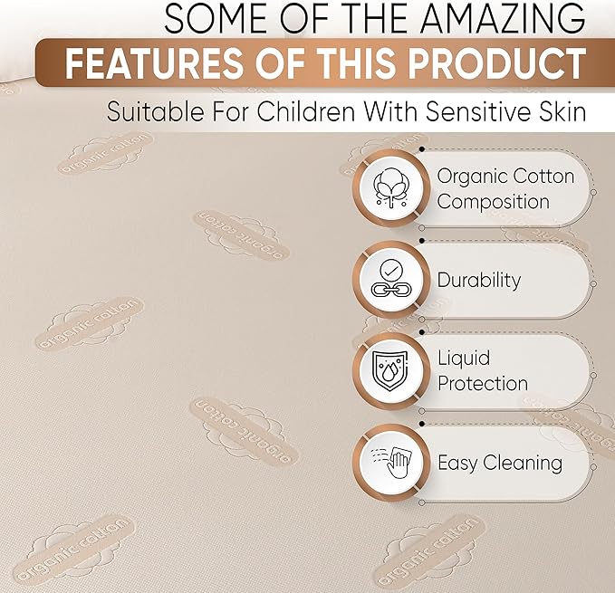 Waterproof Organic Mattress Protector Twin Size – Soft OCS Certified Organic Cotton Surface Mattress Cover – Noiseless & Breathable 250 GSM Mattress Pad – Deep Pocket Fitted Design