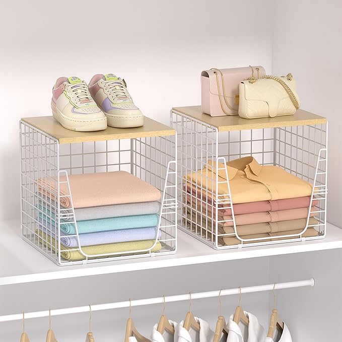 SWTYMIKI 2PCS Closet Organizers and Storage - Stackable Closet Basket with Wood Top Shelf, Clothes Storage Shelves, Clothes Drawer Bins for Wardrobe, Bedroom, Entryway, White