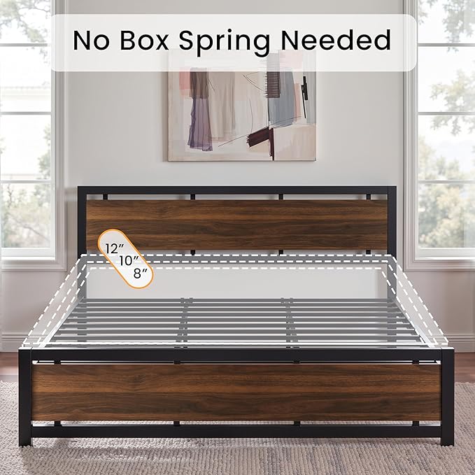 LIKIMIO King Bed Frame with Headboard and Footboard, Metal Strong Supports, Easy Assembly, Noise-Free, No Box Spring Needed, Dark Walnut