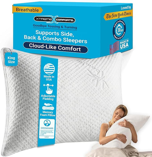 Xtreme Comforts Pillows for Sleeping - Adjustable King Memory Foam Pillow for Side, Back & Stomach Sleepers w/Removable Cooling Zipper Cover - Made in The USA