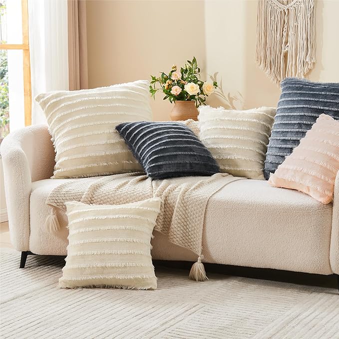 BEDELITE Velvet Pillow Covers 18x18 with Zipper, 2 Pack Super Soft Square Pillow Covers for Bedroom, Sofa, Luxury Cozy Fleece Pillowcases for All Seasons(18x18 Inches, Beige-Boho)