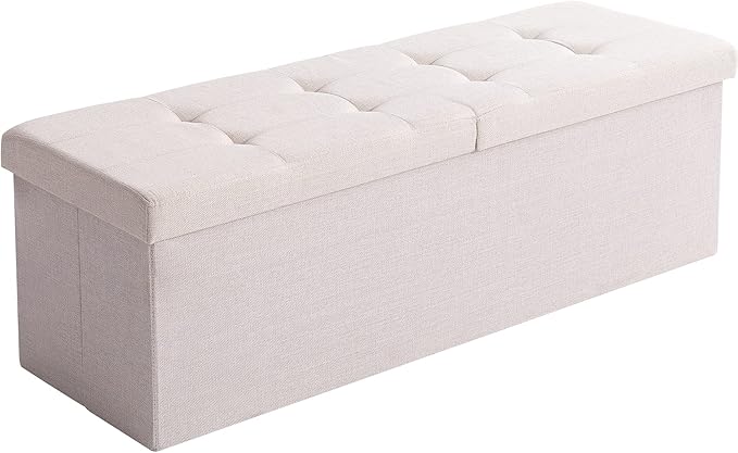 Shoe Storage Ottoman Foldable Seat Footrest Tufted Bench End of Bed Storage with Flipping Lid, 166L Storage Upholstered , Linen Fabric Beige, 45.3 Inches
