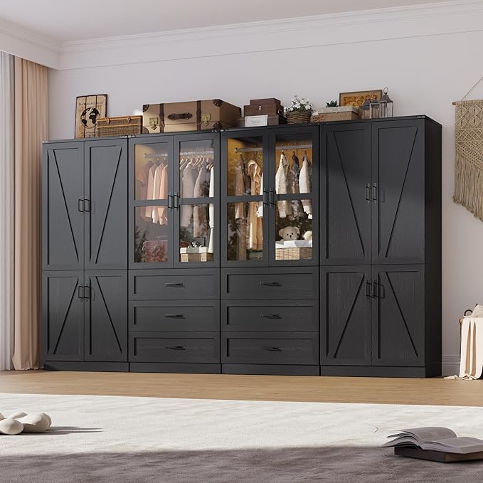 Hlivelood 75" Tall Farmhouse 8 Doors Armoire Wardrobe Closet with 6 Drawers and LED,Freestanding Closet Wardrobe Cabinet for Bedroom with Hanging Rod,Wooden Armoire Storage Cabinet(Black 8 Doors)