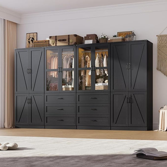 Hlivelood 75" Tall Farmhouse 8 Doors Armoire Wardrobe Closet with 6 Drawers and LED,Freestanding Closet Wardrobe Cabinet for Bedroom with Hanging Rod,Wooden Armoire Storage Cabinet(Black 8 Doors)