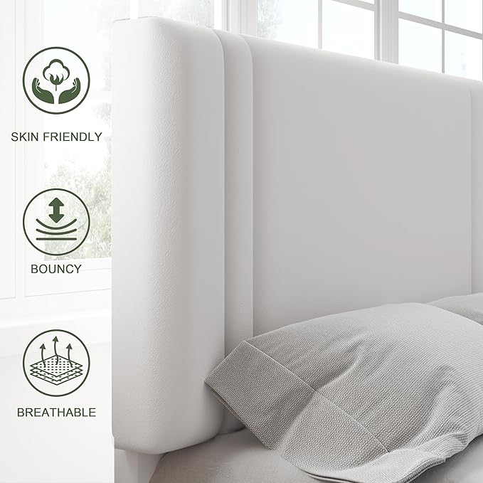 Feonase Twin Platform Bed Frame, Velvet Upholstered Twin Bed Frame, Solid Wood Slats & Heavy Duty Feet Support, No Box Spring Needed, Noise-Free, Easy Assembly, White