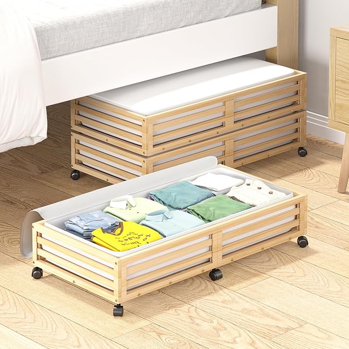 Wisuce Bamboo Under Bed Storage Containers- Underbed Organizer with Wheels with Dust Bag,Sturdy Wood Rolling Under the Bed Shoe Storage Organizer Drawers (Nature, 2 Pack (33.07"×16.54"))