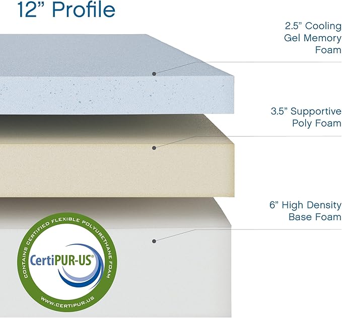 COOL GEL Memory Foam 12-Inch Mattress with Pillow, CertiPUR-US Certified, Mattress in a Box, Twin XL, White