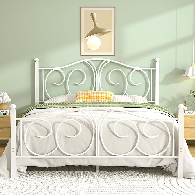 VECELO Queen Size Metal Platform Bed Frame with headboard and Footboard, Heavy Duty Mattress Foundation, Steel Slat Support, No Box Spring Needed, Easy Assembly, Pure White