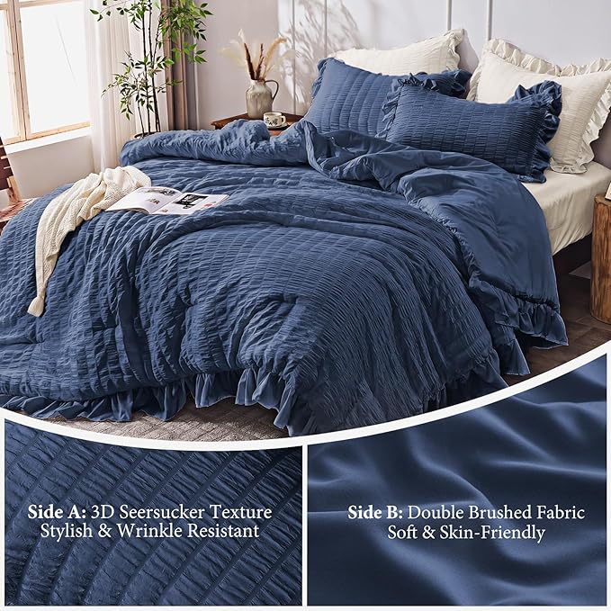 JOLLYVOGUE Navy Blue Twin Size Comforter Set, 2 Pieces Seersucker Lightweight Fluffy Bedding Set, Twin Ruffle Comforter, All Season Soft Microfiber Shabby Chic Bed Set