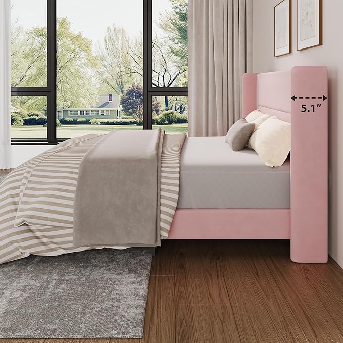 Garvee Queen Size Bed Frame with Wingback Headboard, Velvet Upholstered Platform Bedframe with Wood Slats, No Box Spring Needed, Easy Assembly, Pink