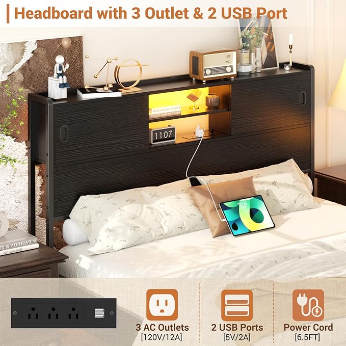 Homieasy Full Storage Headboard with Sliding Doors, Bookcase Headboard with Charging Station & Smart LED Light, Headboard Only for Full Bed, Wood Headboards with Bookshelf