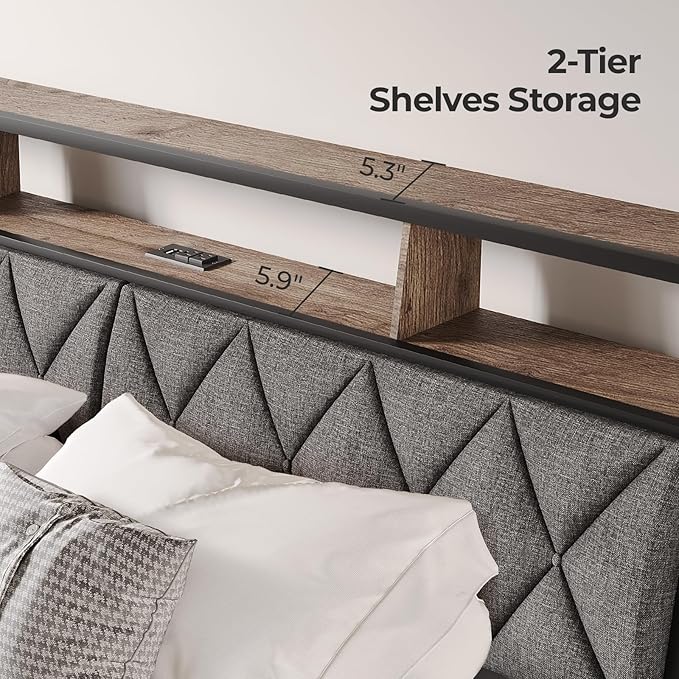 Full Headboard Only, Headboard for Full Size Bed with Storage, Upholstered Headboards with LED Lights & Charging Station, Attach Frame, Ideal for Bedroom/Dorm/Guest Room, Dark Grey & Brown