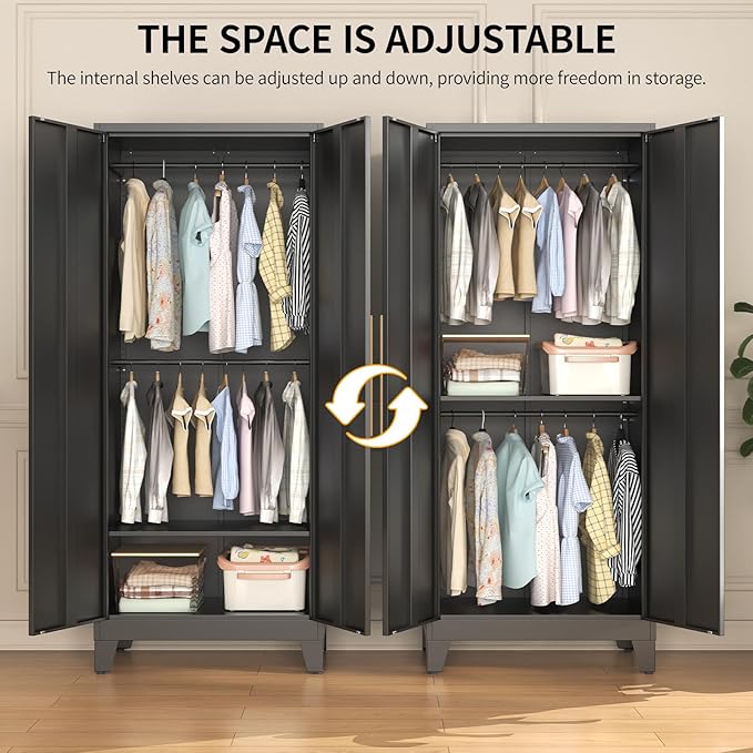 72" Tall Metal Armoire Wardrobe Closet - Large Clothing Storage Cabinet with Mirror Doors, 2 Hanging Rod & Adjustable Shelve - Closet Organizer for Bedroom, Office, Laundry Room, Garage - Black