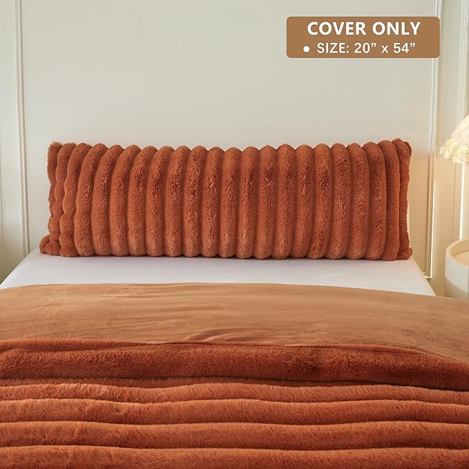 MEGO Fluffy Faux Rabbit Fur Body Pillow Cover, Comfy Plush Fuzzy Striped 20x54 Bed Body Pillowcase, Shaggy Furry Ribbed Bedroom Long Pillow Case with Zipper for Kids Girls Teens Adults, Burnt Orange