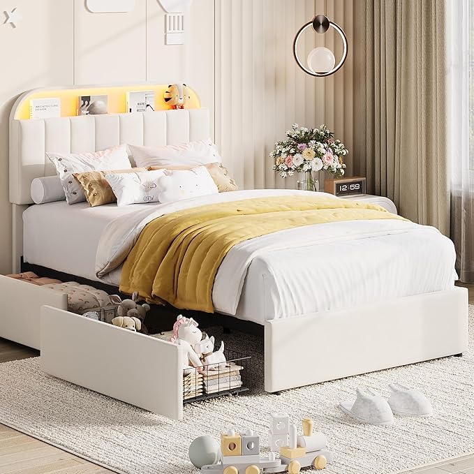 Garvee Twin Size Bed Frame with 2 Flexible Drawers, Velvet Upholstered Platform Bed Frame with Bookcase Headboard and LED Lights, Kids Bed for Girls, Easy Assembly, Noise Free, Beige