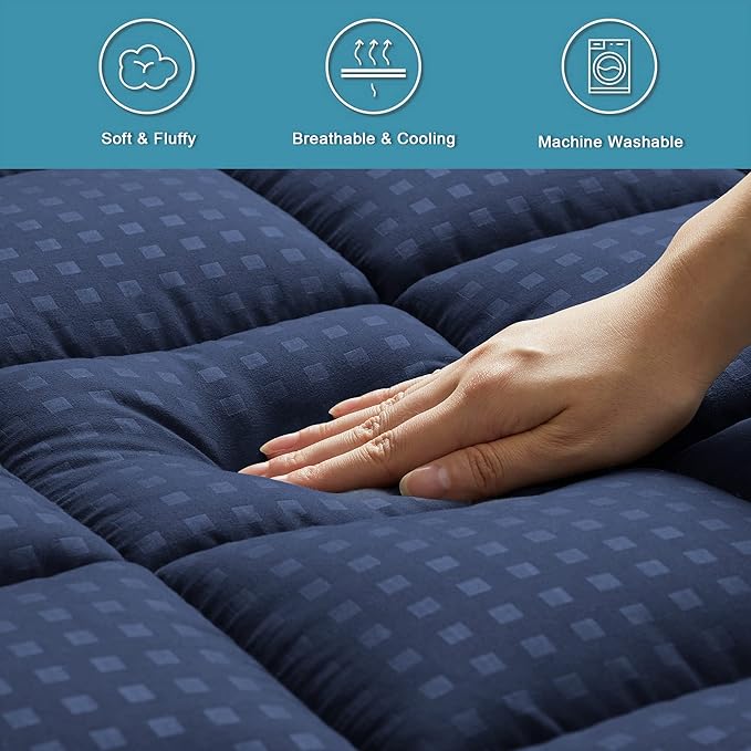 HYLEORY Twin Mattress Pad Quilted Fitted Mattress Protector Cooling Pillow Top Mattress Cover Breathable Fluffy Soft Mattress Topper with 8-21" Deep Pocket, Navy