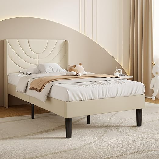VECELO Twin Size Bed Frame Upholstered Platform with Wave Fabric Headboard/Wooden Slats Support/No Box Spring Needed/Mattress Foundation,Beige