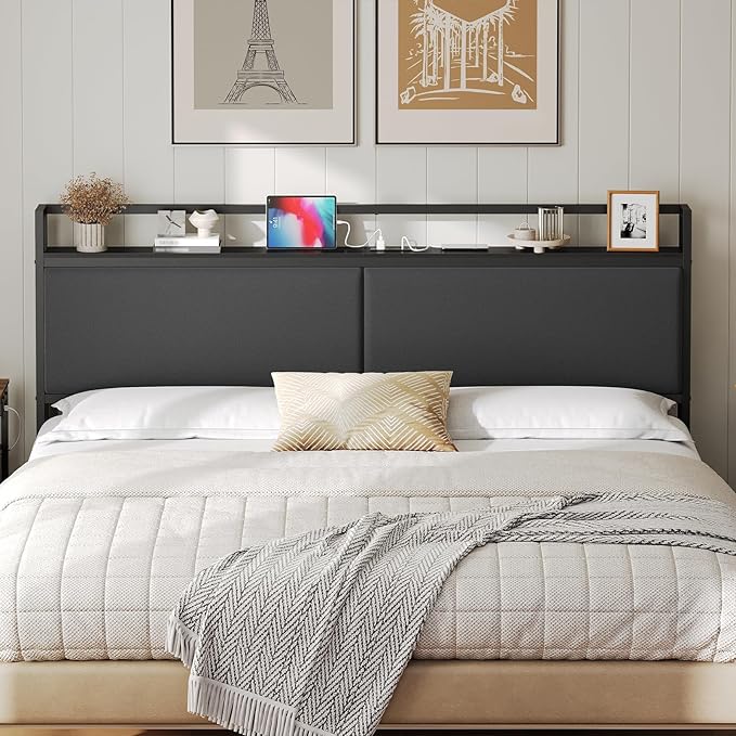 YATINEY King Size Headboard with Storage Shelves, Upholstered Headboard with Charging Station, Height Adjustable, Sturdy and Stable, Vintage Style, Black