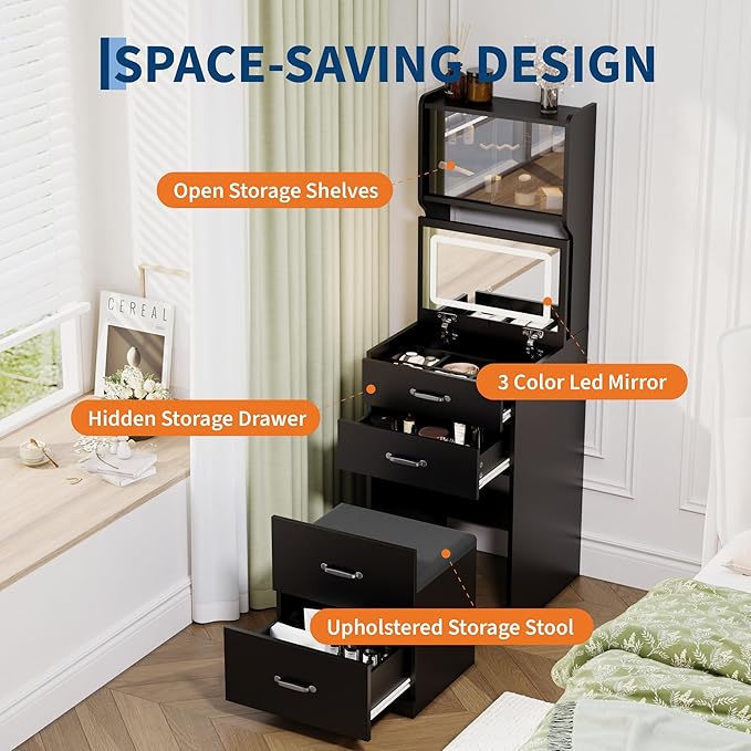 GarveeLife Compact Vanity, Make Up Vanity Desk with Mirror and Lights, White Vanity Table Set with Charger Station,Girls Small Vanity and Storage Chair