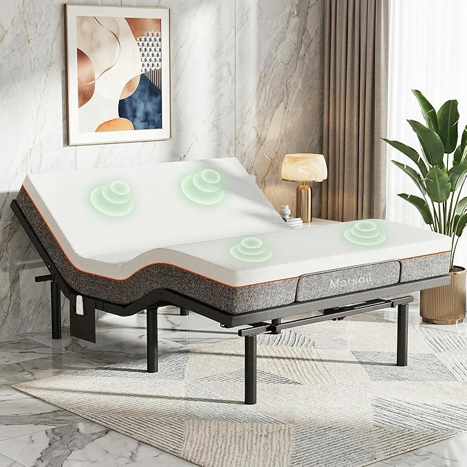 Marsail MS01-2 Queen Adjustable Bed with Massage + 8-inch Gel Memory Foam Mattress, APP Control Adjustable Bed with Under-Bed Nightlight, Queen