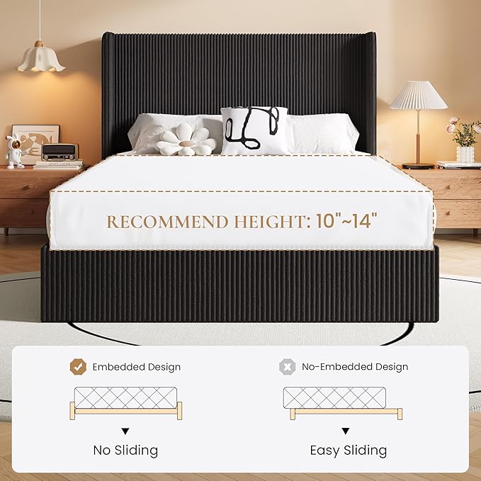 SHA CERLIN Full Size Lift Up Storage Bed Frame, Modern Upholstered Wingback Headboard, Hydraulic Support & Underneath Storage, Soft Corduroy Fabric Platform Bed, No Box Spring Needed, Black