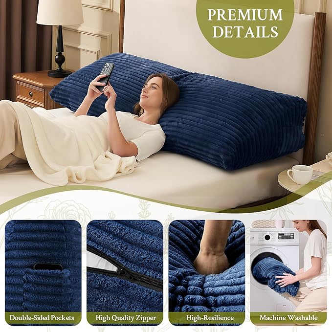 Headboard Pillow King, Headboard Wedge Pillow, Back Rest Pillows for Sitting, Reading, Working, Triangle Pillow with Removable Cover, Daybed Pillows for Bed Dorm Sofa, Navy Blue
