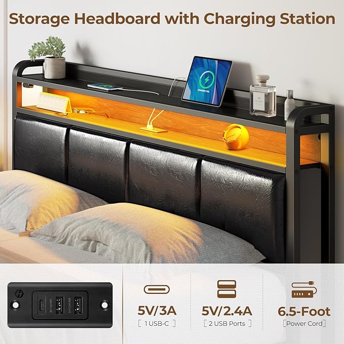Rolanstar Bed Frame Full Size with Charging Station and LED Lights, PU Leather Headboard with Storage Shelves, Heavy Duty Metal Slats, No Box Spring Need, Noise Free, Easy Assembly, Black