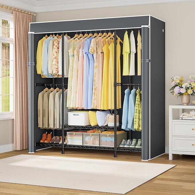 ULIFHOME E3C Black Clothes Rack with Gray Cover, Heavy Duty Freestanding Garment Rack, Metal Closet System Storage Organizer for Clothing, Holds up to 850 lbs, 59.5" W x 16.5" D x 77.4" H