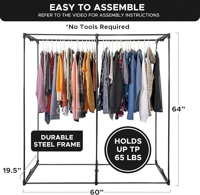 HOLDN’ STORAGE Portable Wardrobe Closet - 65 lb Large Capacity, Internal Heavy Duty Metal Rod, Zipper & Clear Window, Durable Clothes Organizer, Tool-Free Easy Assembly, Brown Canvas Cover
