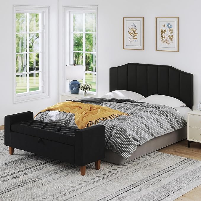 Furpopup Velvet Queen Size Headboard, Upholstered Headboard Queen/Full Size Wall Mount and Bed Frame Mount, Featuring High-Density Sponge Padding Luxury Texture Easy Assembly Comfort Style-Black