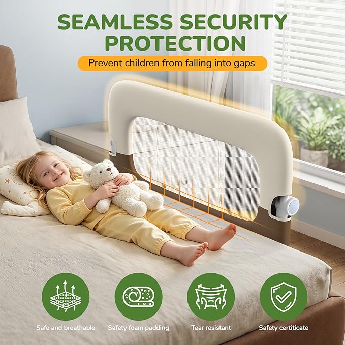 Bed Guard Rail for Toddlers - 32" Adjustable Heights & Folding up Portable Bed Railing for Baby - Toddler Bed Rails Guard for Crib, Twin, Bunk,Full Size, Queen & King Bed