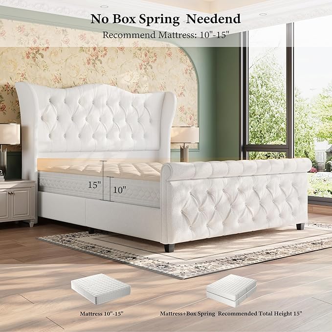 koorlian Queen Bed Frame,Chenille Upholstered Sleigh Bed with Scroll Wingback Headboard & Footboard,Luxury & Soft Button Tufted Queen Size Modern Bed,Easy Assembly,No Box Spring Needed