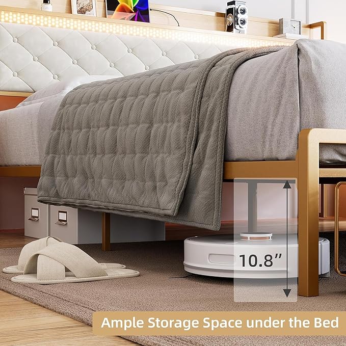 IDEALHOUSE King Size Bed Frame with Storage Headboard and 2 Drawers, Platform Metal King Bed Frame with LED Lights and Charging Station, Noise Free, No Box Spring Needed, White