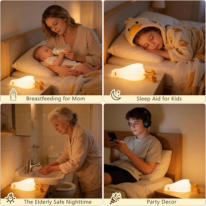 FAMIDUO Lying Flat Duck Night Light, Silicone Dimmable Rechargeable Nursery Night Light, Touch LED Lamp with Rubber Duck Blind Box, BPA-Free Squishy Baby Bedside Light for Breastfeeding,Kids,Toddler