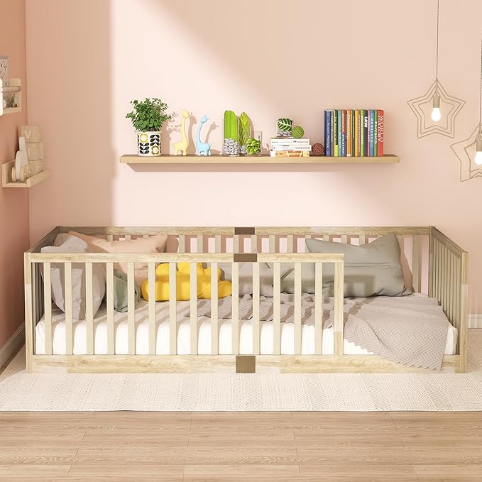 Bellemave Twin Size Montessori Floor Bed with 21.5" High Rails, Rubber Wood Twin Floor Bed with Slats, Natural