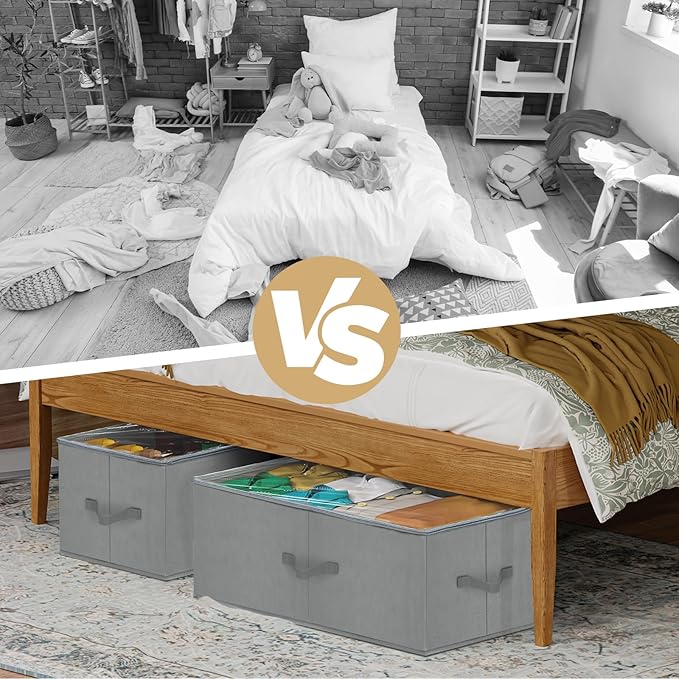 Large Under Bed Storage Containers, 12 inch Tall Underbed Storage Bins with Clear Lids, Deep Under Dorm Bed Storage Drawers Organizer for Shoes, Clothes, Blankets (2 Pack, Grey, 31.5"x16"x12")