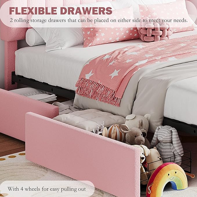 IDEALHOUSE Twin XL Bed Frame for Kids, Boucle Upholstered Platform Bed for Girls with 2 Flexible Drawers, Bookcase Headboard, Noise-Free, Easy Assembly, No Box Spring Needed, Pink