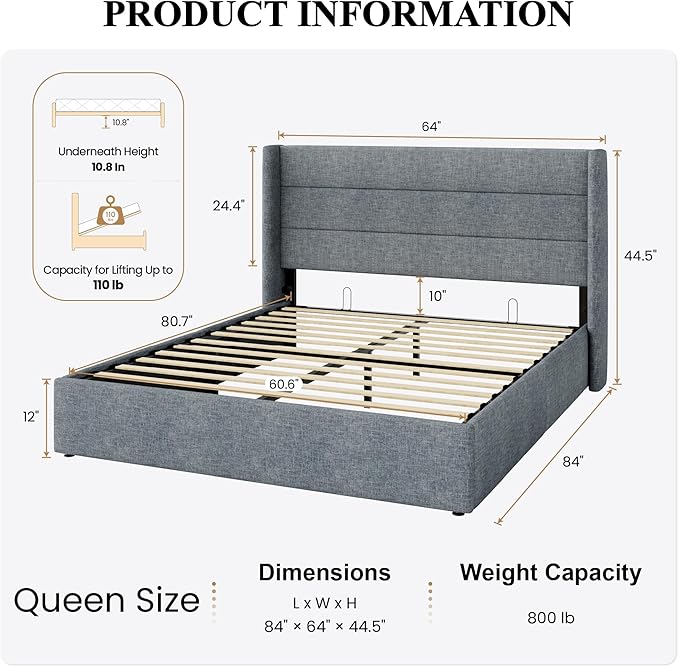 SHA CERLIN Queen Size Lift Up Storage Bed/Modern Wingback Headboard/Upholstered Platform Bed Frame/Hydraulic Storage/No Box Spring Needed/Wood Slats Support/Grey Blue